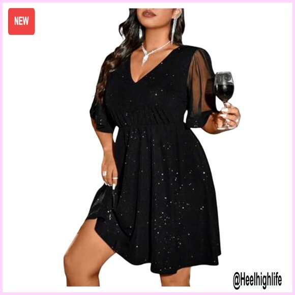 Plus Size Glitter Mesh Flared Hem A-Line Dress with V-Neck - Picture 6 of 7